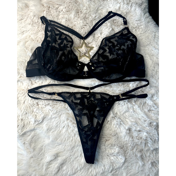Honey Birdette FREDDY⭐🖤 Black Star 2 Piece Set 34D Bra & Small Thong - Picture 2 of 9